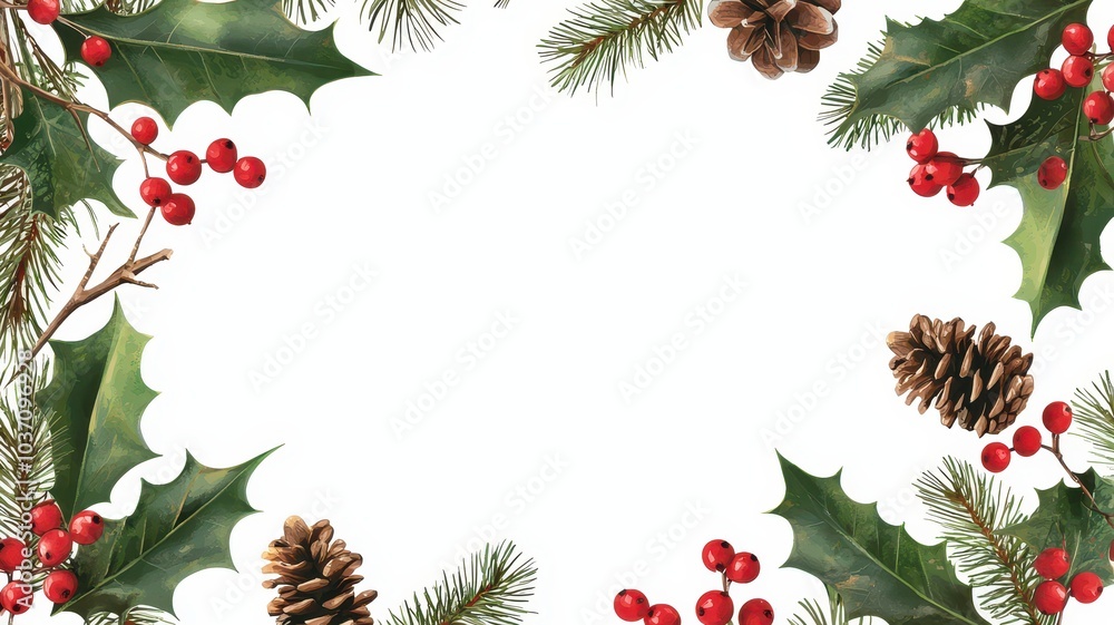 Fototapeta premium A festive frame with holly leaves, pinecones, and red berries, perfect for holiday-themed designs or greetings.
