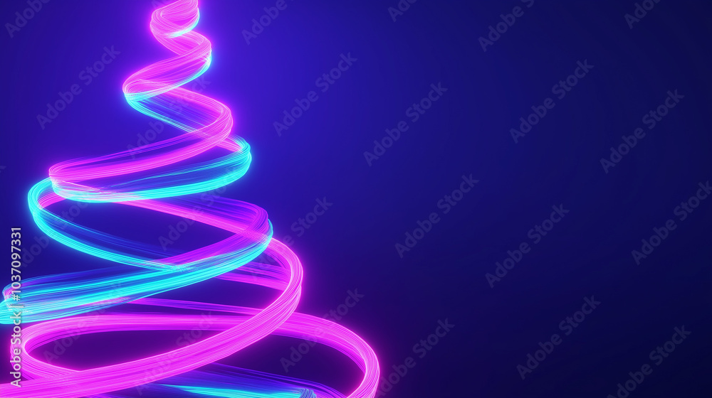 Neon light Christmas tree made of colorful spirals against a dark blue background with copy space Neon light Christmas tree made of colorful spirals against a dark blue background with copy space