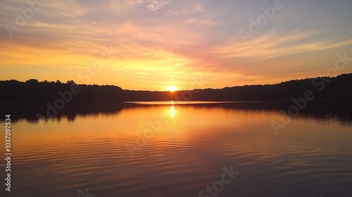 Vibrant Sunset Reflected in a Smooth, Glassy Lake: A Serene Nature Scene. This picturesque view captures the stunning colors of the sunset mirrored in the tranquil waters of the lake, 