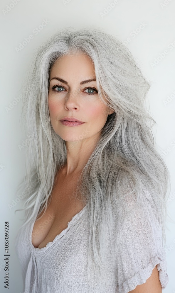 A woman with long gray hair and a white top. A woman with long gray hair and a white top.
