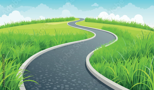 Winding road through green fields leading to the horizon