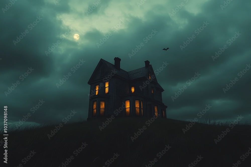 Eerie haunted house on a hill under a gloomy sky with dark clouds and moonlight, illuminated by yellow lights, creating a mysterious atmosphere. Eerie haunted house on a hill under a gloomy sky with dark clouds and moonlight, illuminated by yellow lights, creating a mysterious atmosphere.
