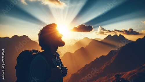 Happy man thinking felling ambitious empowerment energy vision on moutain background. Christian prayer love freedom worship praise God. Strength courage self confidence good for yourself concept