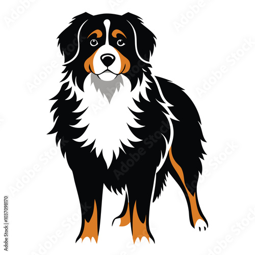 unique Simple and modern 2d vector graphic design illustration of a Bernese Mountain dog in stencil print style