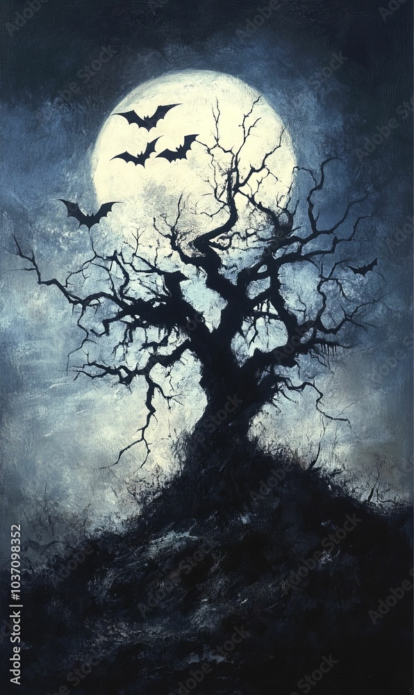 Fototapeta premium A dark, ominous tree silhouetted against a moonlit sky.