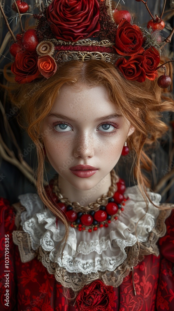 Fototapeta premium Red-Haired Beauty in a Floral Crown: A Portrait of Elegance and Mystery
