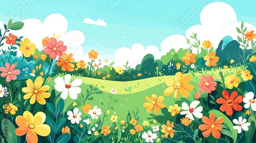 Colorful Wildflowers Blooming in a Green Meadow Under a Blue Sky