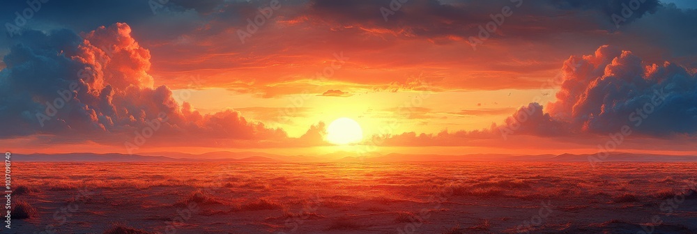 Fototapeta premium Vibrant sunset illuminating vast desert expanse, soft hues blending in serene solitude, vastness inviting reflection and tranquility