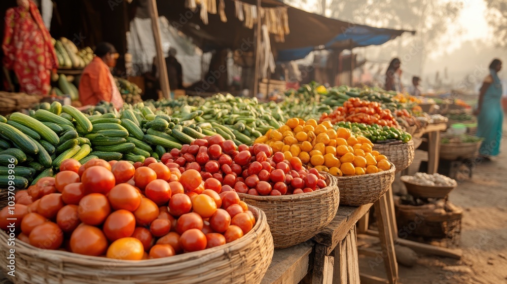 An innovative rural market with vendors using digital payment systems and eco-friendly packaging, set against a backdrop of traditional stalls and fresh produce. An innovative rural market with vendors using digital payment systems and eco-friendly packaging, set against a backdrop of traditional stalls and fresh produce.