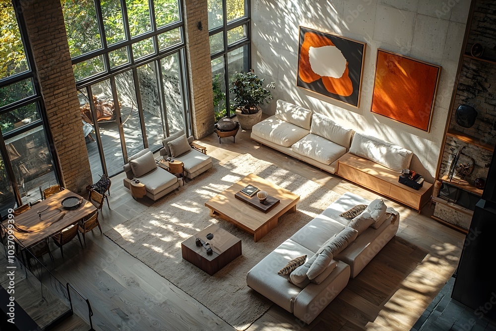 Spacious modern living room featuring light wood furniture, large windows, and natural light creating a warm and inviting atmosphere. Spacious modern living room featuring light wood furniture, large windows, and natural light creating a warm and inviting atmosphere.