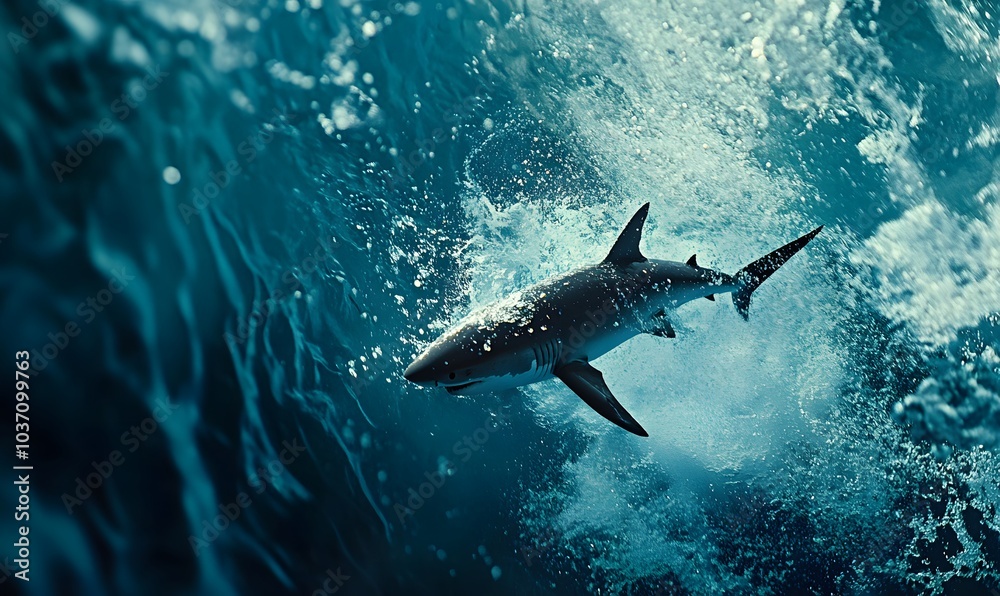 Fototapeta premium _Shark_with_pointed_fins_skipping_in_blue_ocean_water,generation AI