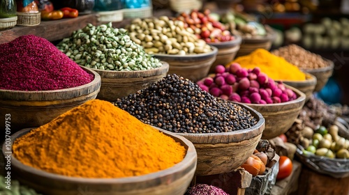 Colorful Spices Displayed in Wooden Bowls at a Market