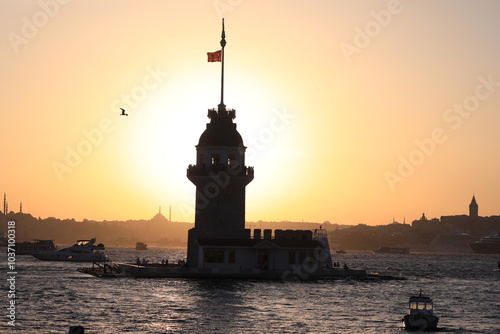 silouhette at sunset, maidens tower, turkey, istanbul,  photo