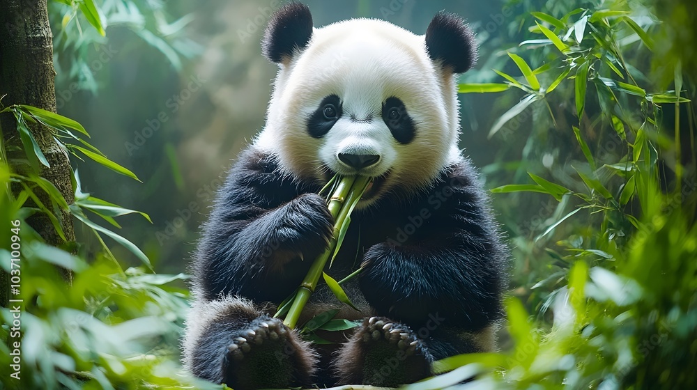 A playful giant panda munching on bamboo in a lush, green forest, exuding a cheerful and relaxed vibe among the vibrant foliage.