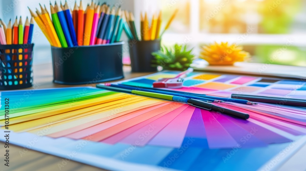 Obraz premium Colorful pencils, pens, and a color swatch book on a wooden table.