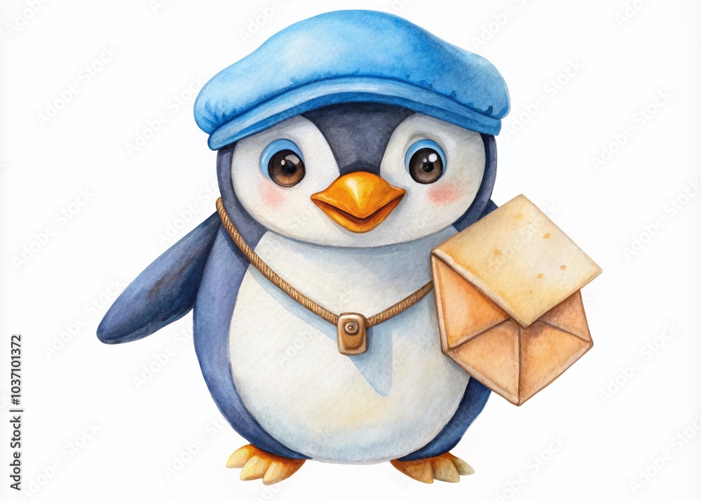 Obraz premium Adorable Penguin Mail Carrier in Watercolor Style - Cute Doodle Art for Kids and Stationery