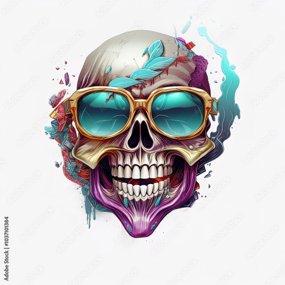Fototapeta premium Vibrant Skull Designs: Laughing Death, Expressive Grim Reaper, and Fun Skeleton Characters for T-Shirts, Logos, Mugs, and Presentations—Colorful, Artistic, and Powered by Generative AI
