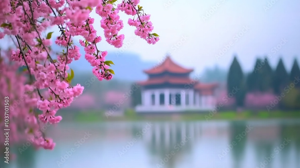 Pink cherry blossoms frame a traditional Chinese building on a tranquil lake. Pink cherry blossoms frame a traditional Chinese building on a tranquil lake.