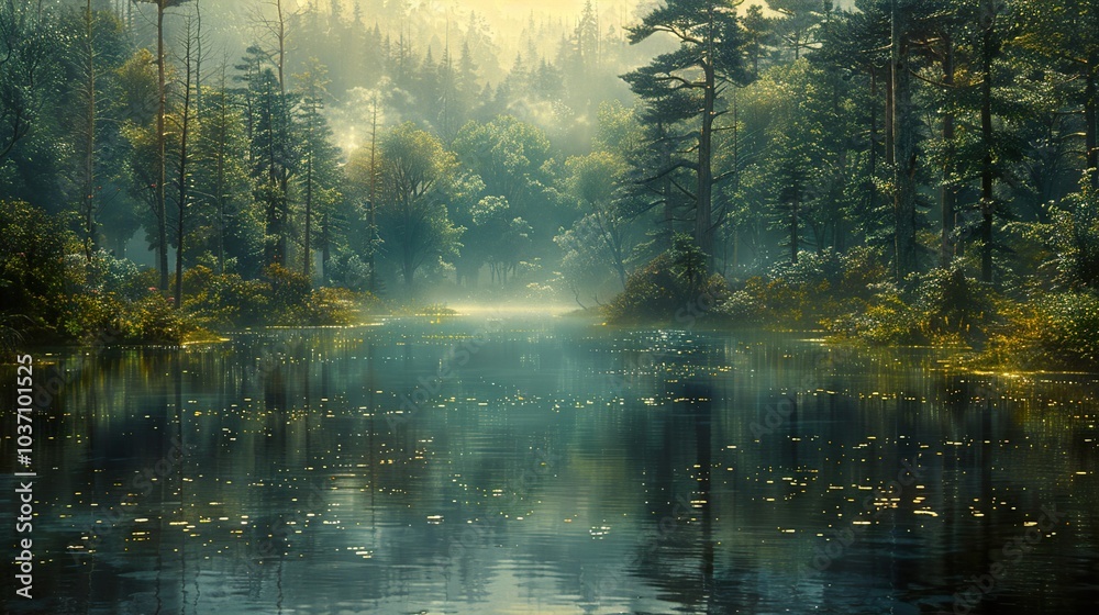 Obraz premium Serene Forest Lake with Golden Sunlight