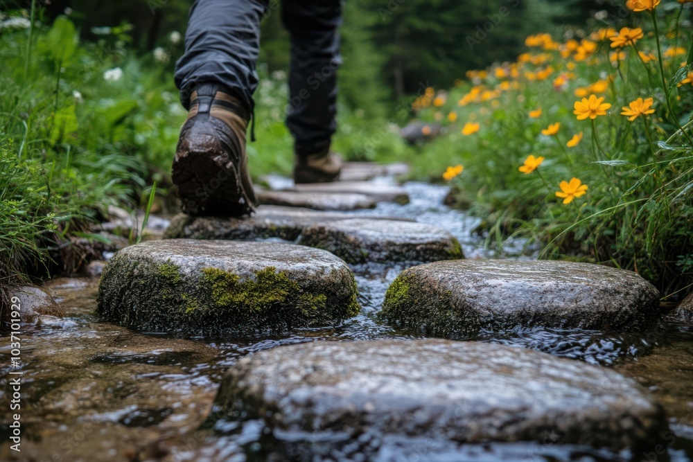 A person walking on stone steps through a stream surrounded by vibrant flowers. A person walking on stone steps through a stream surrounded by vibrant flowers.