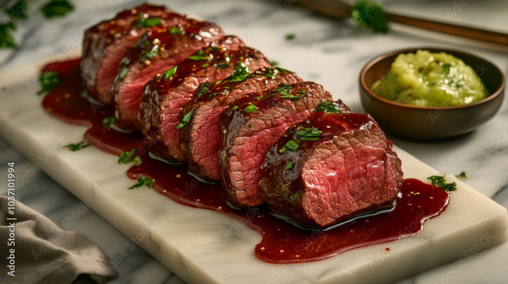 Sliced grilled steak with red wine sauce and a side of green sauce. Sliced grilled steak with red wine sauce and a side of green sauce.