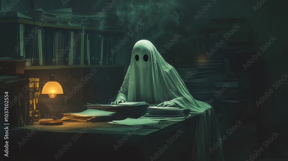A spooky ghost working late at an office desk, surrounded by papers and files, illuminated by a flickering desk lamp. A spooky ghost working late at an office desk, surrounded by papers and files, illuminated by a flickering desk lamp.
