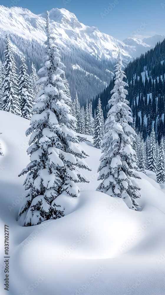 Obraz premium A serene winter landscape featuring snow-covered coniferous trees surrounded by majestic mountains, creating a tranquil and picturesque scene.