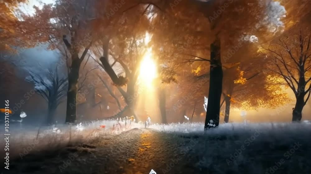 calm forest atmosphere with tall trees that have autumn colored leaves footage