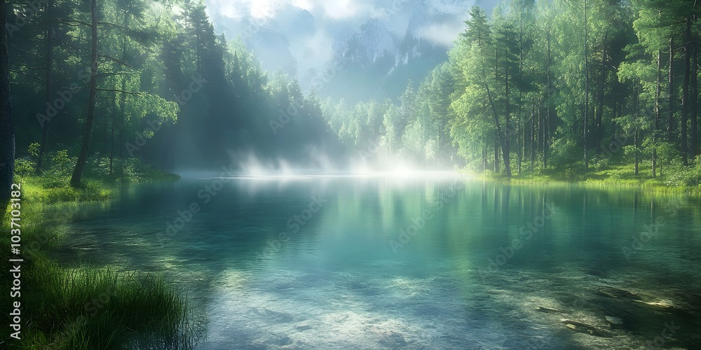 A serene view of a misty lake surrounded by lush green trees, capturing the tranquility and beauty of nature in the early morning light. A serene view of a misty lake surrounded by lush green trees, capturing the tranquility and beauty of nature in the early morning light.