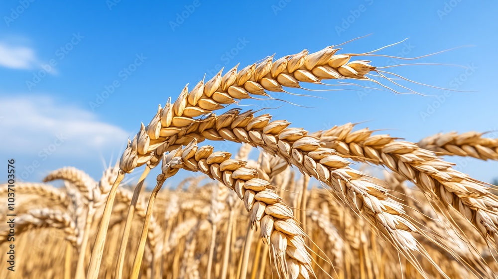Golden wheat stalks against a bright blue sky. Golden wheat stalks against a bright blue sky.