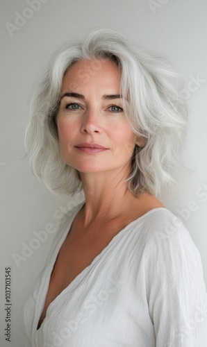 A woman with gray hair wearing a white shirt.