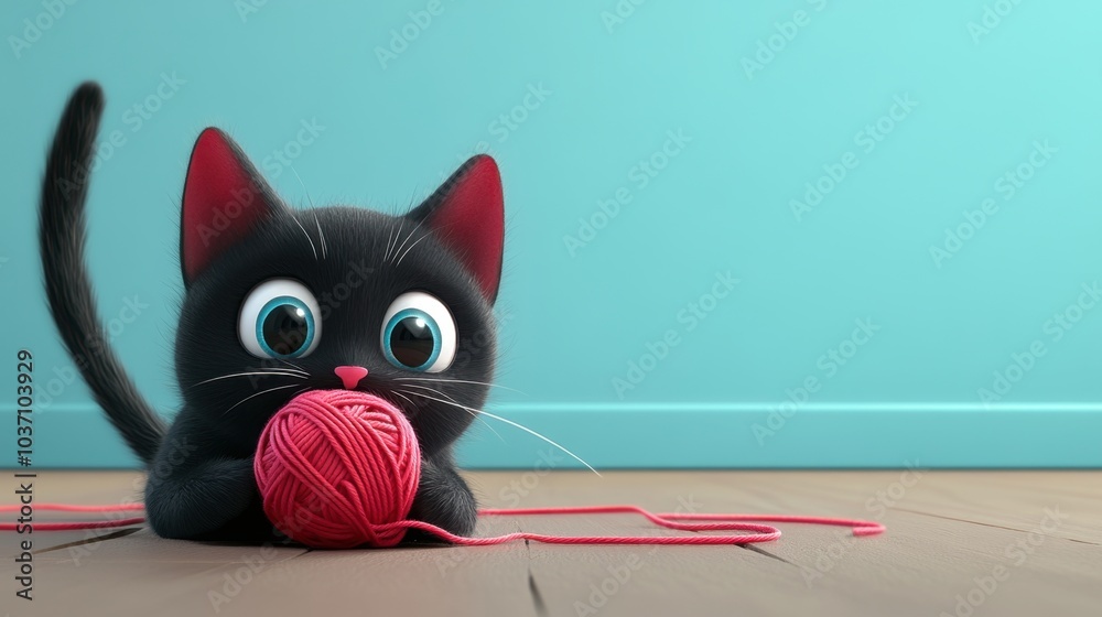 Naklejka premium Adorable cartoon cat with big eyes playing with a ball of yarn, setting a playful tone for pet-related projects.