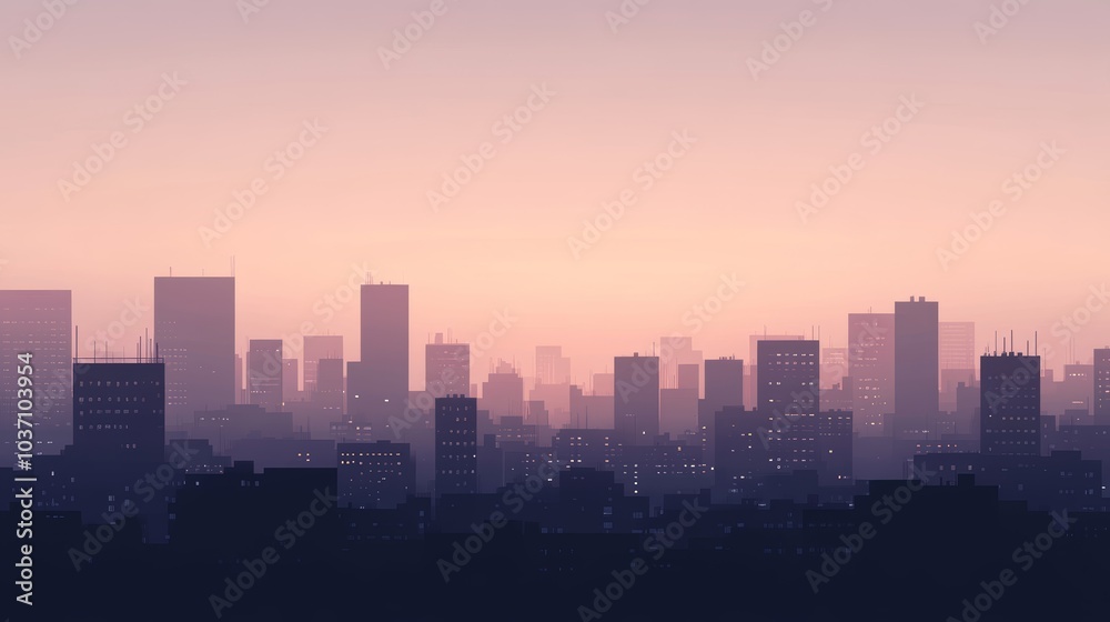 Serene Cityscape at Dusk with Soft Pastel Sky and Silhouetted Buildings Serene Cityscape at Dusk with Soft Pastel Sky and Silhouetted Buildings
