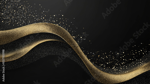 Abstract Black and gold glitter wave horizontal background. AI generation.