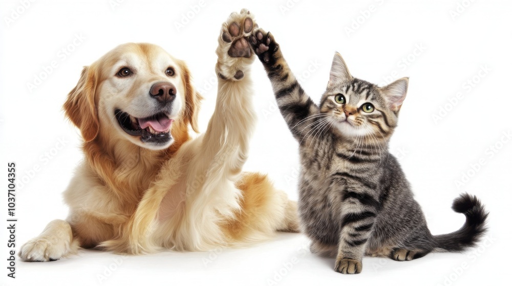 Adorable golden retriever and tabby cat sitting side by side, both raising paws in a playful greeting. Bright and cheerful setting. Adorable golden retriever and tabby cat sitting side by side, both raising paws in a playful greeting. Bright and cheerful setting.
