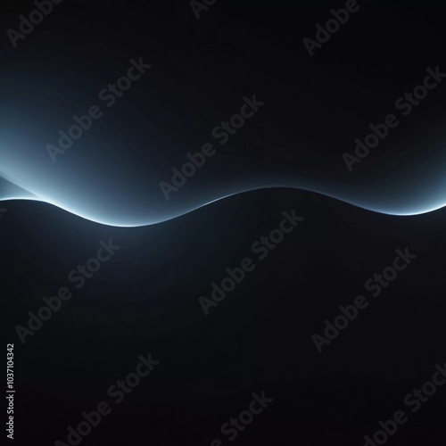 Smooth black backdrop accentuated by soft blue anamorphic bokeh effects. Gentle light waves flow across the surface, creating an ethereal atmosphere. Generative AI