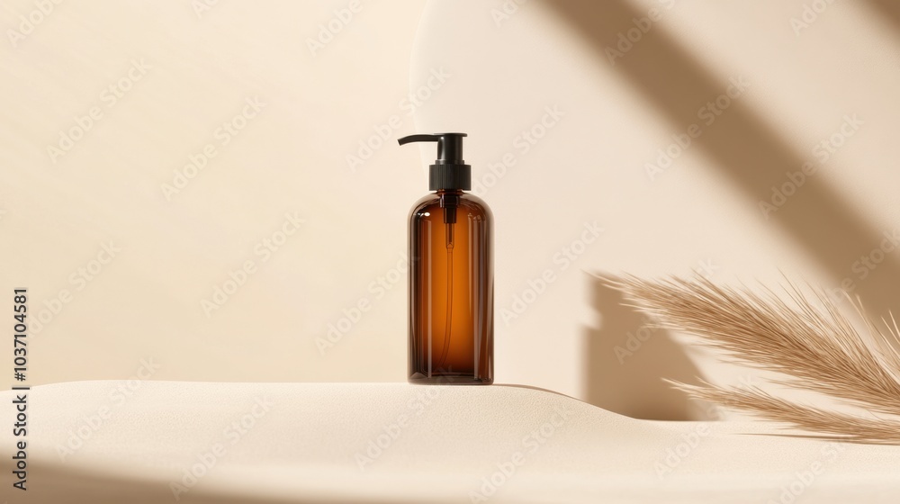 Amber bottle with a sleek pump mockup placed on a soft beige background, perfect for cosmetic or skincare product branding. Amber bottle with a sleek pump mockup placed on a soft beige background, perfect for cosmetic or skincare product branding.