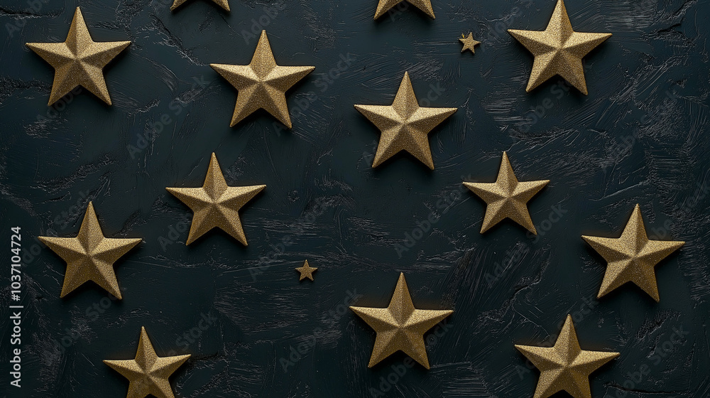 Golden stars arranged on a dark textured background for decoration and design purposes Golden stars arranged on a dark textured background for decoration and design purposes