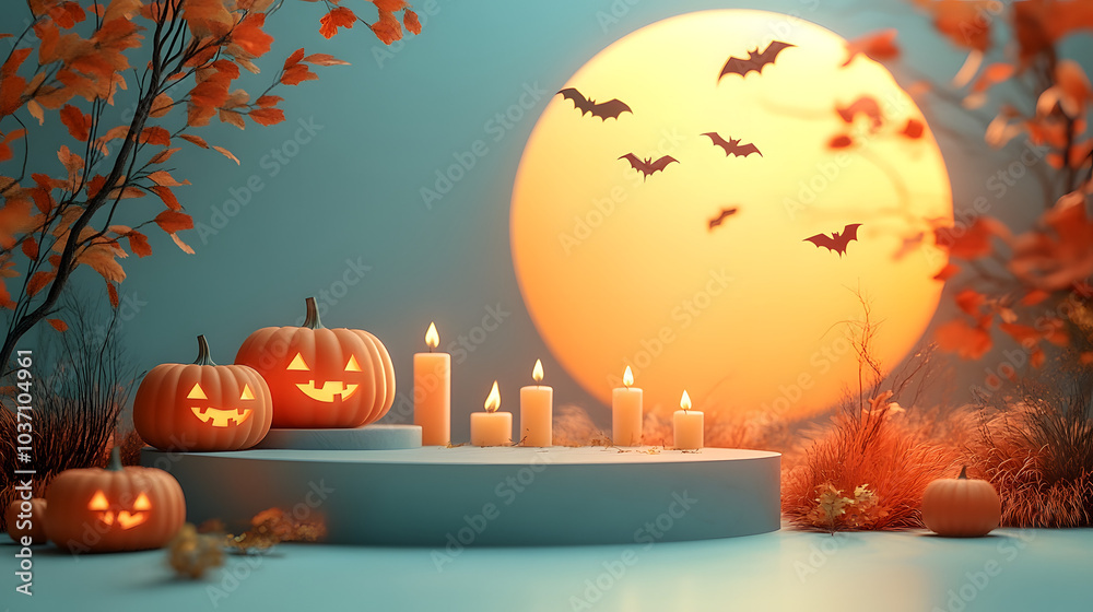 3D Rendering of a Minimalistic Podium Decorated with Candles and Pumpkins, Showcasing Elegant Simplicity with a Halloween Twist—Perfect for Seasonal Product Displays, Digital Mockups, or Festive Event 3D Rendering of a Minimalistic Podium Decorated with Candles and Pumpkins, Showcasing Elegant Simplicity with a Halloween Twist—Perfect for Seasonal Product Displays, Digital Mockups, or Festive Event
