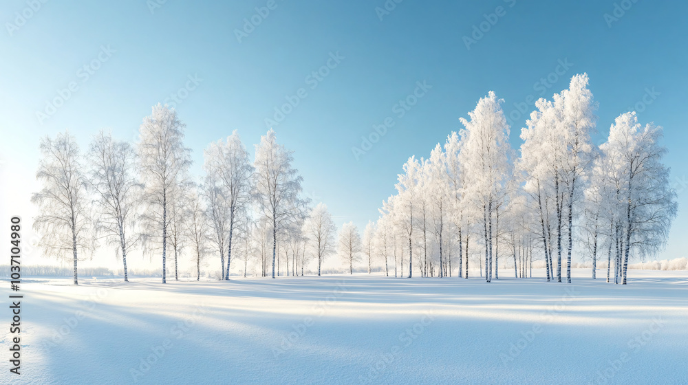 Obraz premium A serene winter landscape with snow-covered birch trees standing tall against a clear blue sky.
