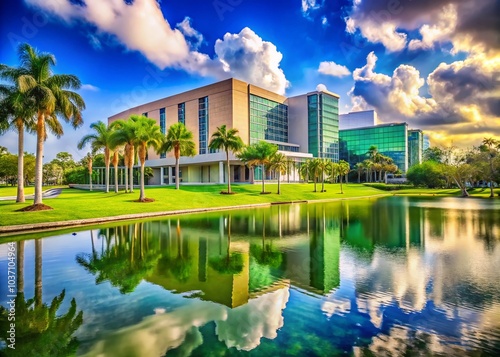 Aerial View of Florida International University Campus with Green Library and Central Pond in Miami, HDR Photography photo