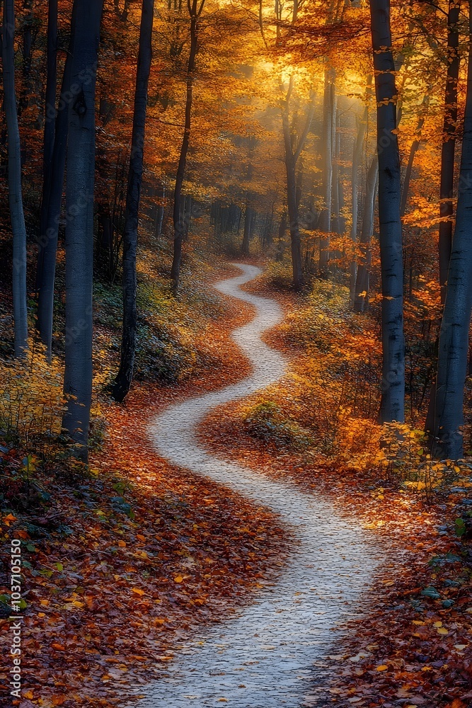 Obraz premium A winding path through vibrant autumn woods, with golden leaves and soft sunlight filtering through trees, creating a serene and inviting atmosphere.