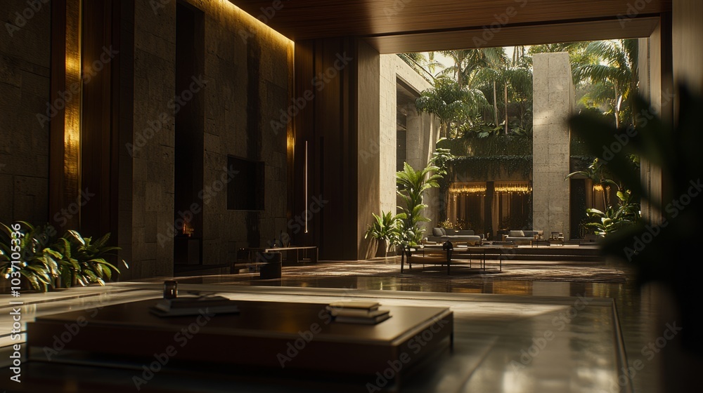 Fototapeta premium Modern living room with large windows overlooking a tropical garden.