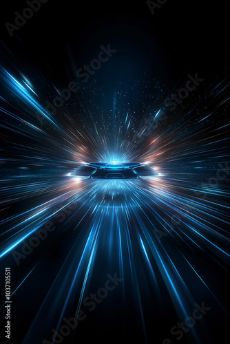 Spaceship speeds through streaks of glowing blue light  creating dynamic motion blur. Bright trails reflect high-tech innovation  rapid interstellar journey  futuristic space adventure.