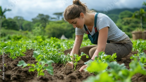 A traveler participating in a local farm experience, helping with the harvest and learning about sustainable agriculture practices.