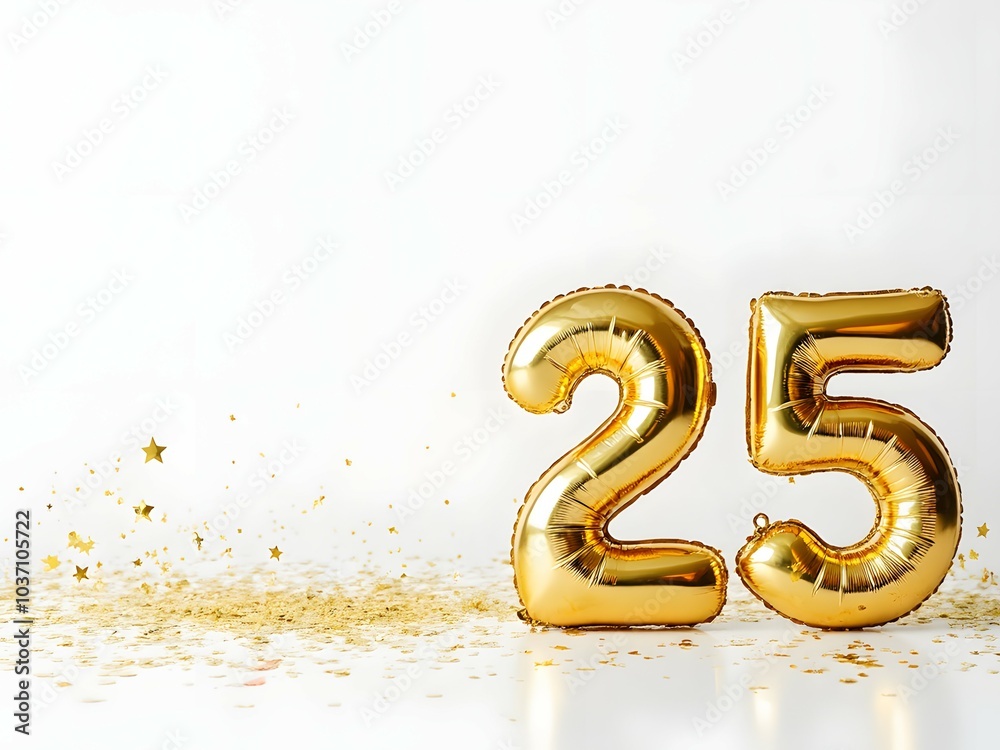 25th anniversary celebration, gold number 25 balloons with confetti background and copy space 25th anniversary celebration, gold number 25 balloons with confetti background and copy space