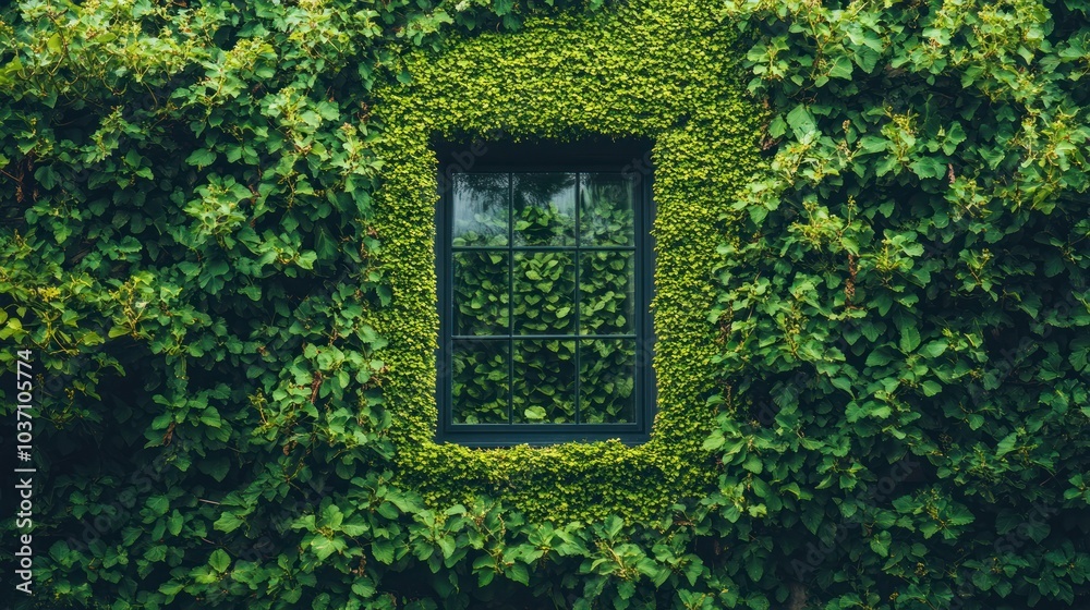A window surrounded by lush green foliage, blending nature with architecture. A window surrounded by lush green foliage, blending nature with architecture.