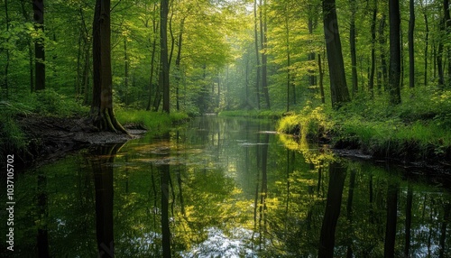 A serene forest scene with a calm river reflecting vibrant green trees and soft light.