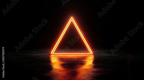 Glowing Neon Triangle on Reflective Wet Surface in Darkness