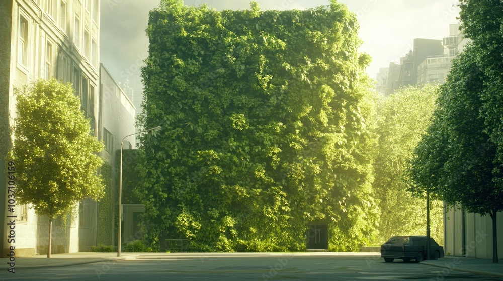 A lush green building covered in plants, blending nature with urban architecture. A lush green building covered in plants, blending nature with urban architecture.